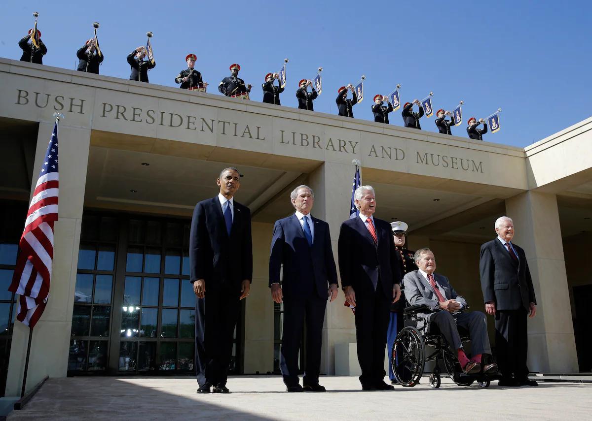 Five former President in front of the Bush Library and Museum
